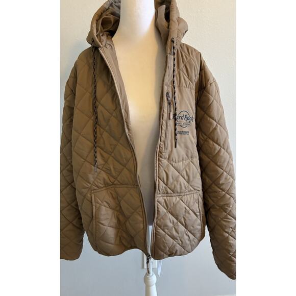 Hard Rock Cafe Bomber Puffer Jacket Men L Snow Coat Retro Ski Tan Brown Hoodie - Picture 4 of 16